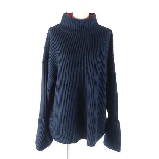 Burberry Cotton Cashmere High Neck Ribbed Knit Navy