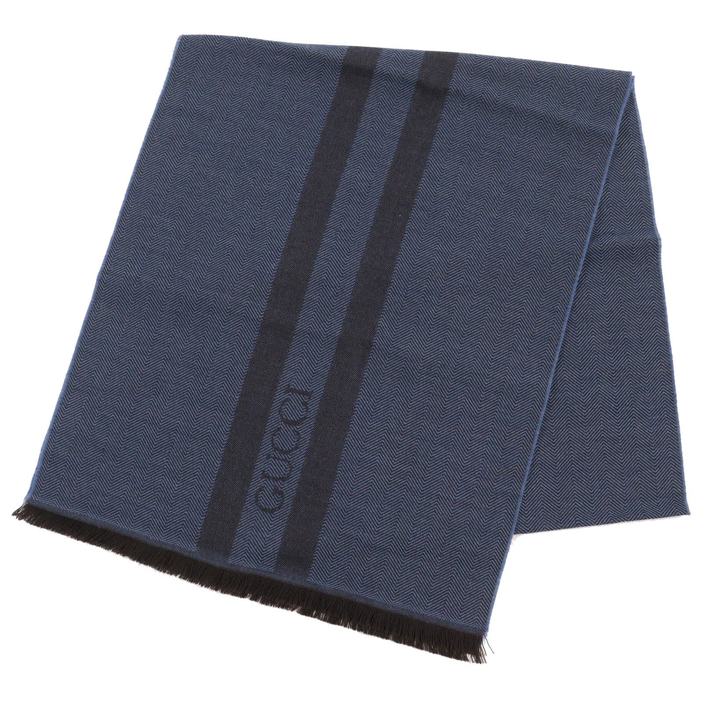GUCCI Wool Herringbone Logo Scarf Blue Brown