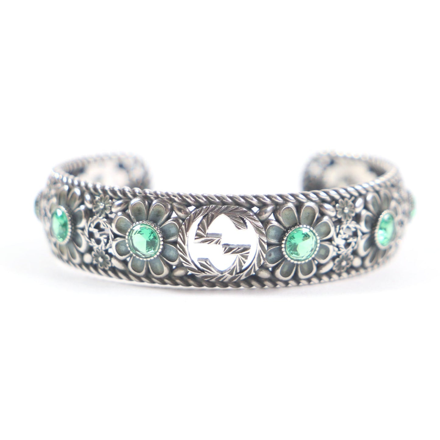 GUCCI Crystal Floral G Bangle Silver Bracelet