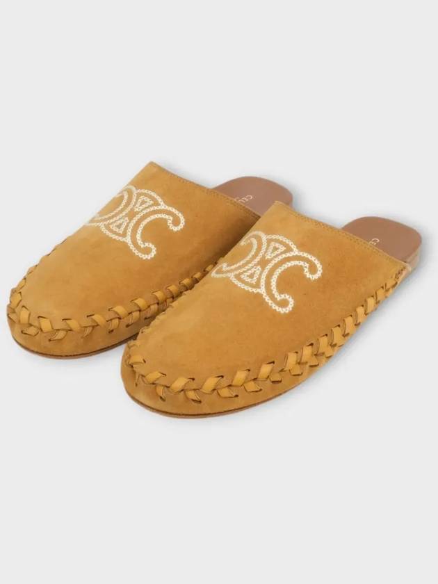 CELINE Malou Triomphe Embroidered Suede Calfskin Mule Dark Havana