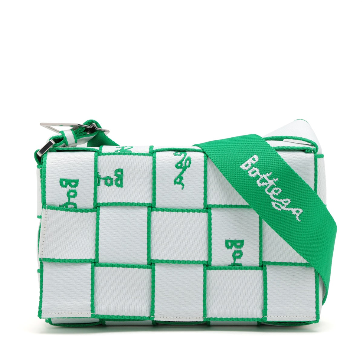 Bottega Veneta Maxine Incharted Webing Caset Nylon Shoulder Bag White× Green