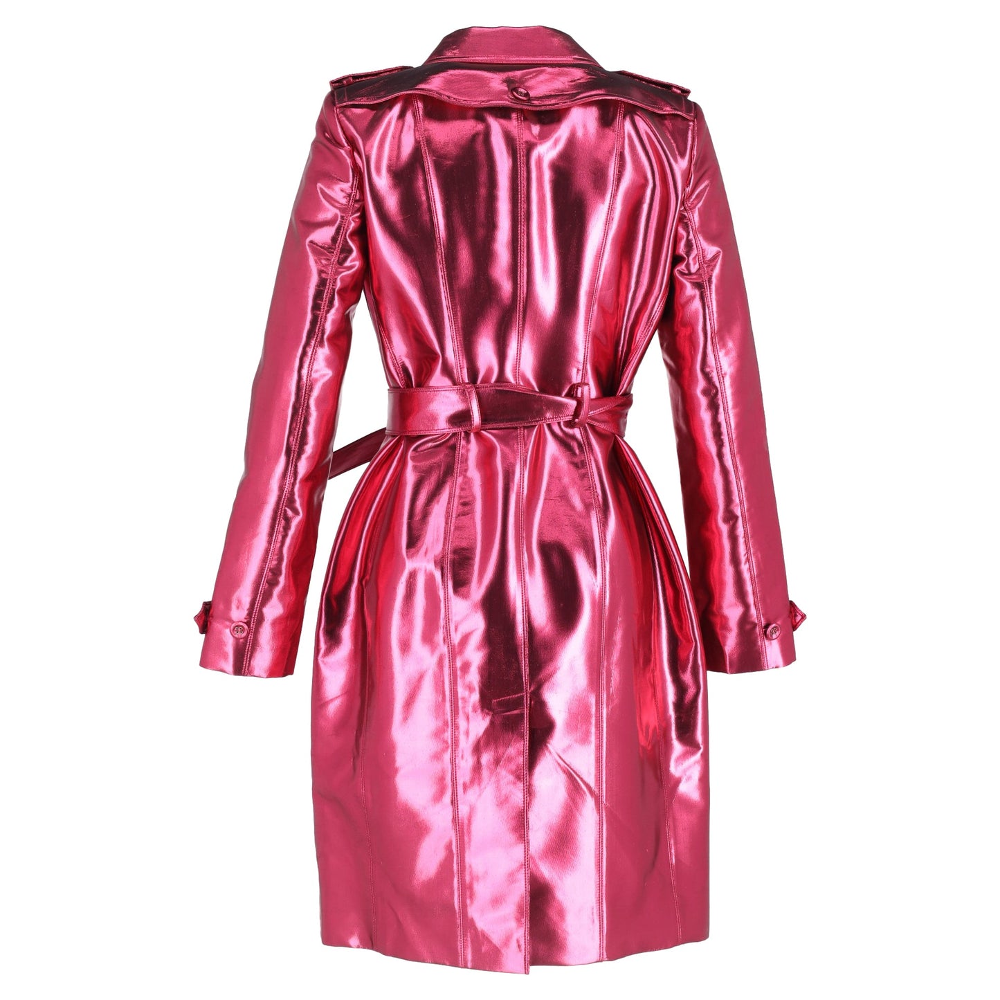 Burberry Belted Double-Breasted Trench Coat in Metallic Pink Acetate