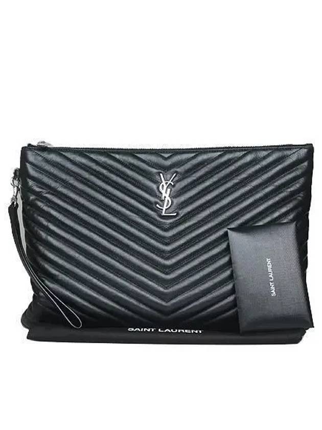 Saint Laurent 440222 YSL silver logo black lambskin matelass strap clutch bag
