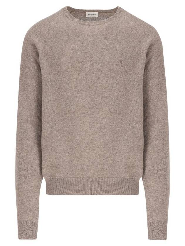 Saint Laurent Cassandre crew neck long sleeve knit top beige