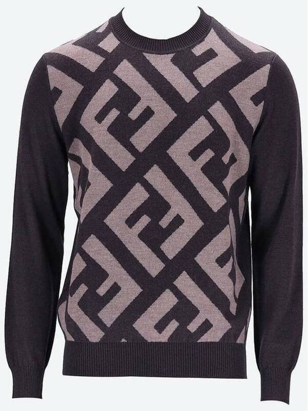Fendi Monogram Jacquard Wool Crewneck Knit Top Brown