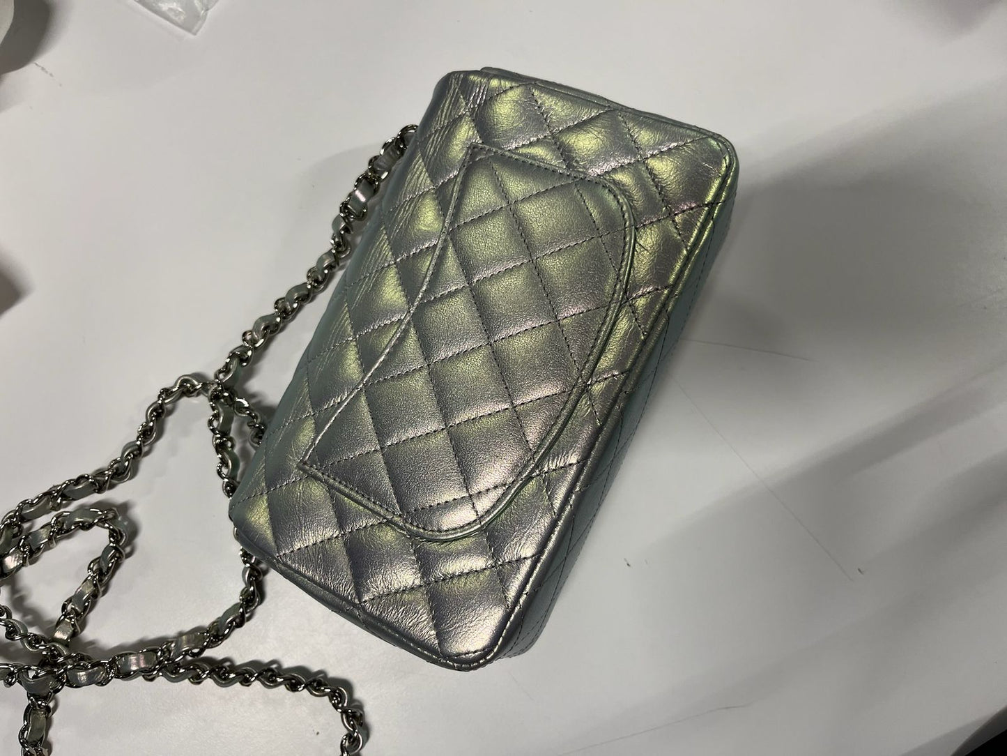CHANEL - Silver Iridescent Lambskin Mini Rectangular Flap Bag