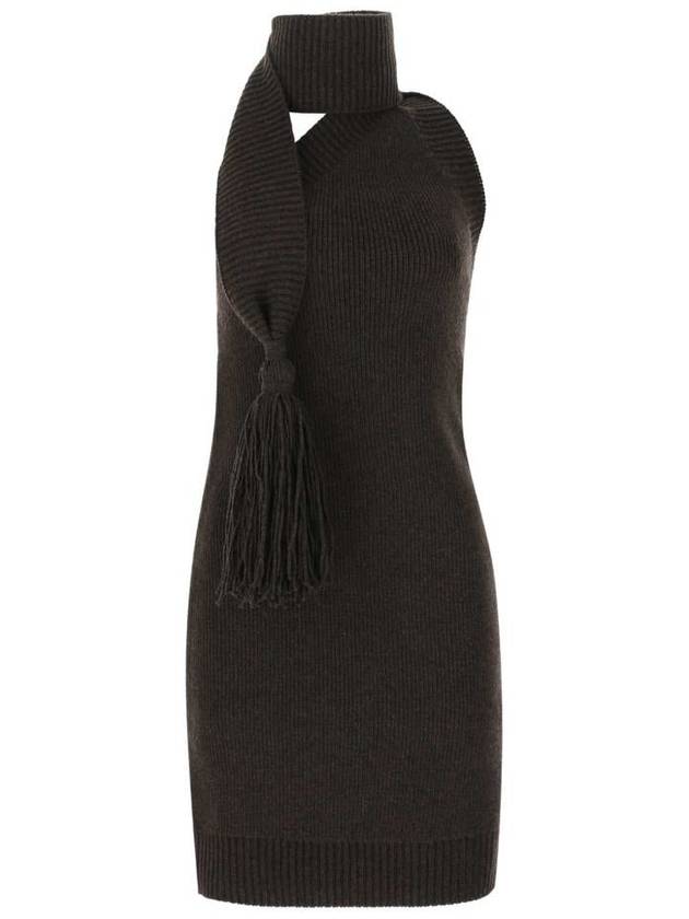 Bottega Veneta Tassel Fringe Halterneck Wool Midi Dress Brown