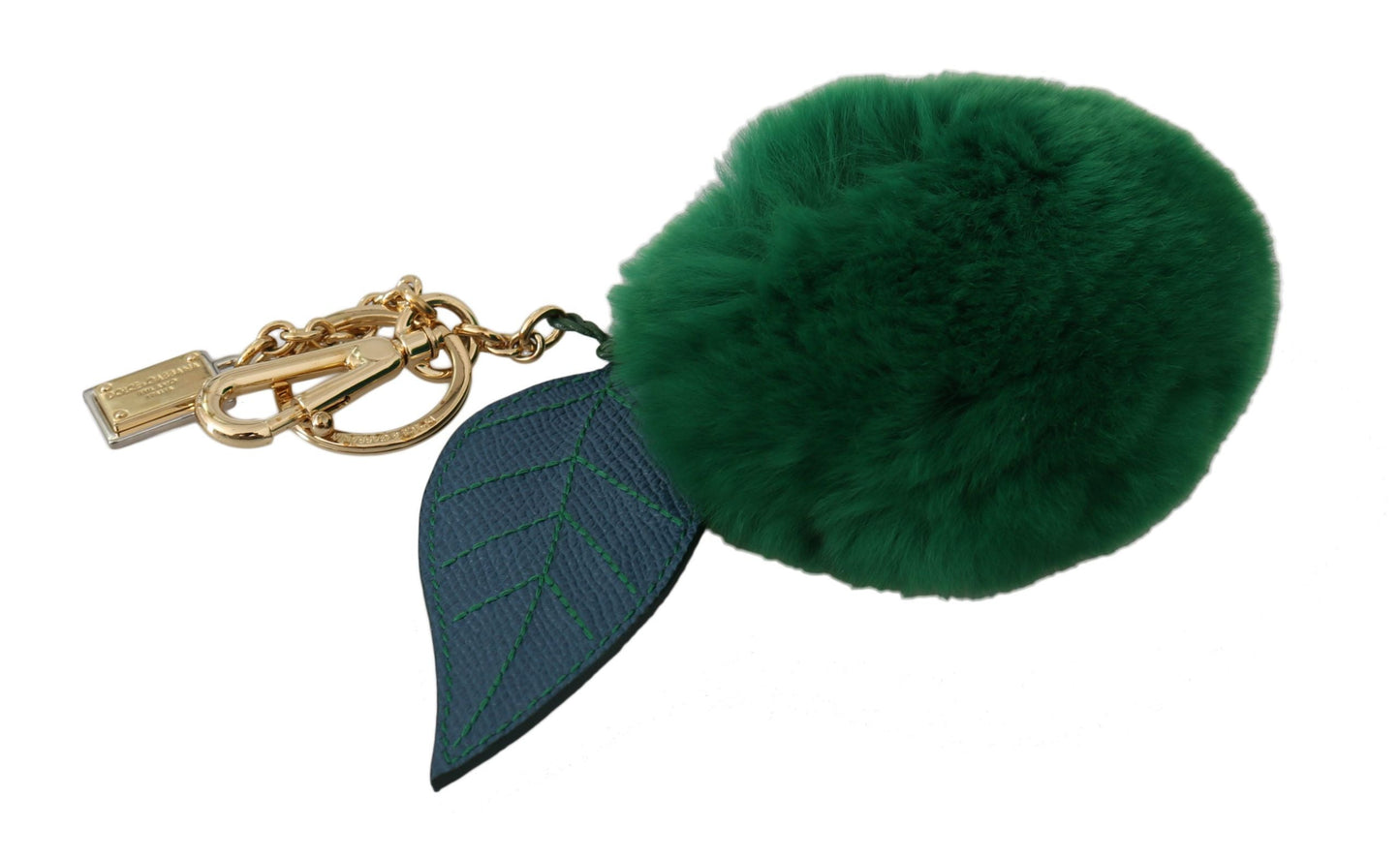 Dolce & Gabbana Green Leather Fur Gold Clasp Keyring Women Women's Keychain