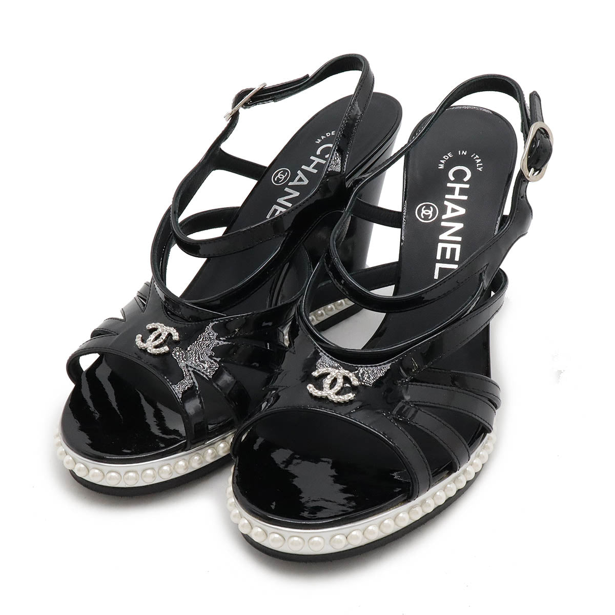 Chanel Patent Leather Strap Sandals with Faux Pearls