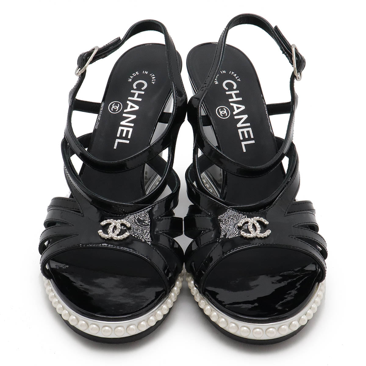 Chanel Patent Leather Strap Sandals with Faux Pearls
