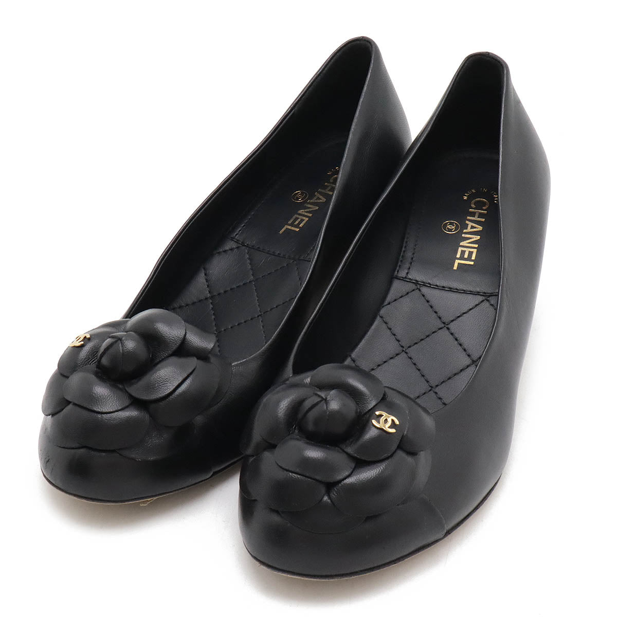 Chanel Camellia Coco Mark Leather Pumps Black