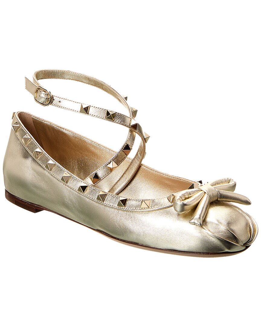 Valentino Rockstud Leather Ankle Strap Ballerina Flat Grey Multi