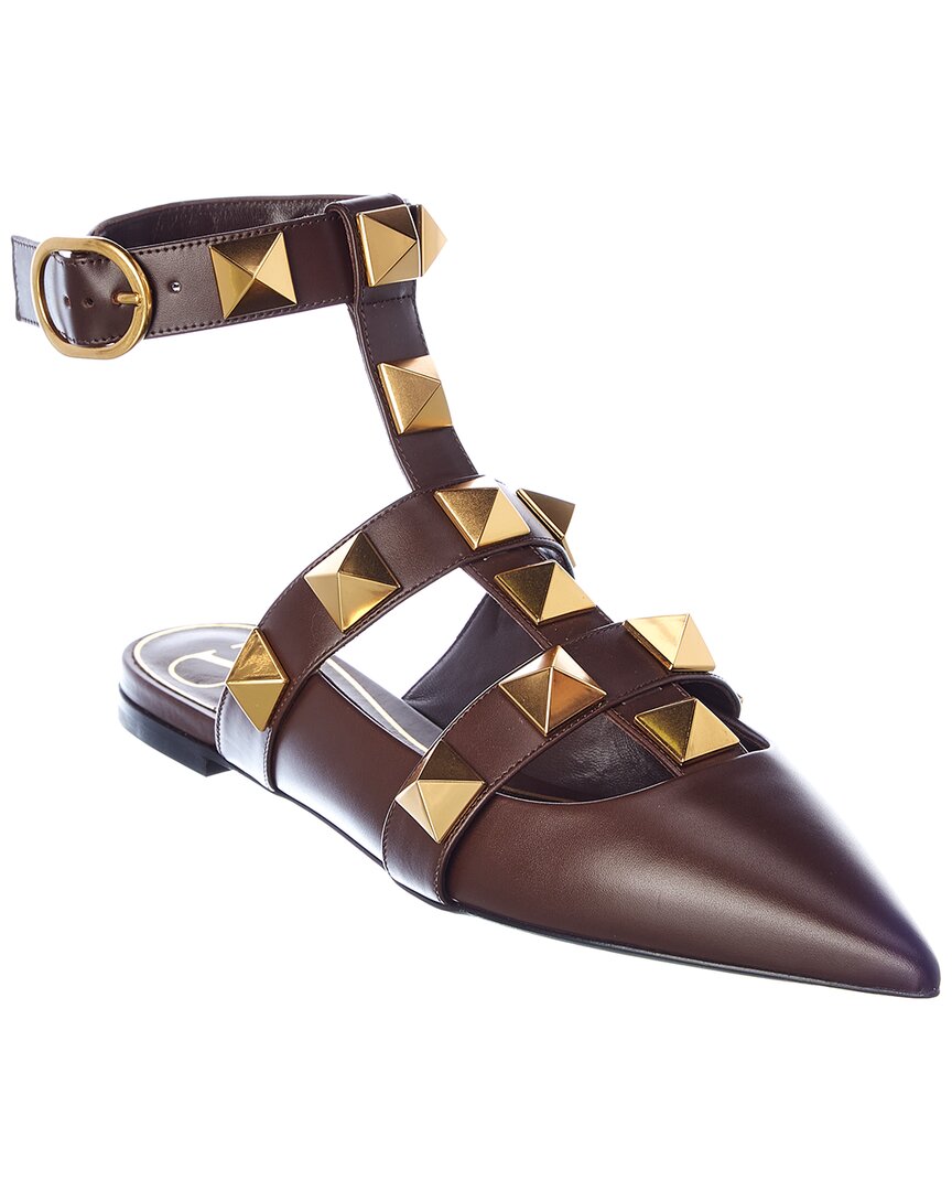 Valentino Roman Stud Leather Ankle Strap Flat Brown Multi