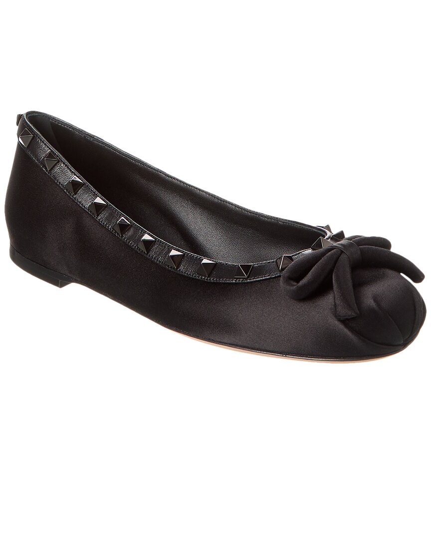 Valentino Rockstud Satin & Leather Ballerina Flat Black