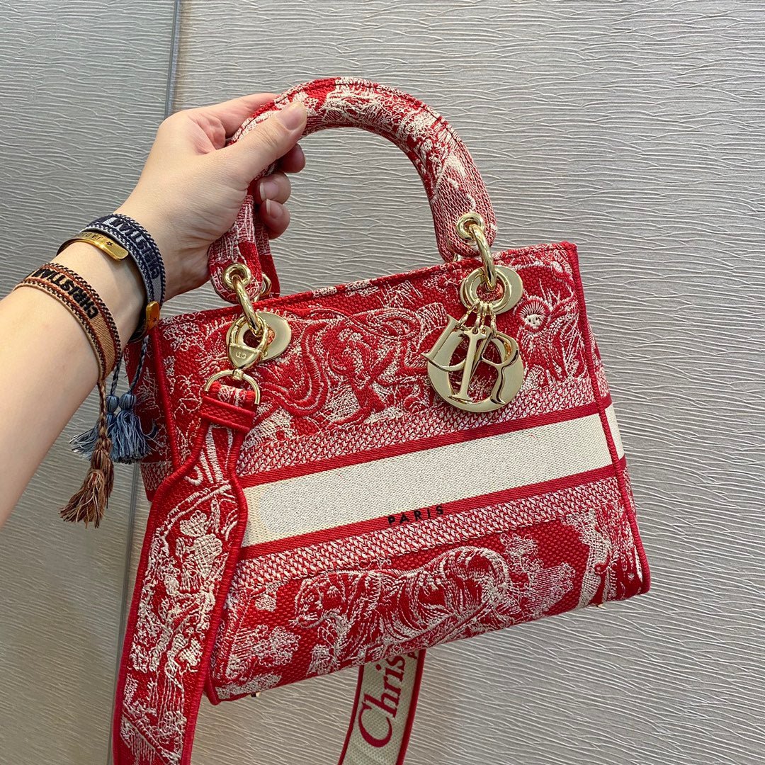 DIOR MEDIUM LADY D-LITE 24 RED MULTI COLOR EMBROIDERY