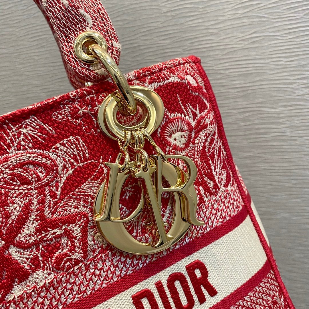 DIOR MEDIUM LADY D-LITE 24 RED MULTI COLOR EMBROIDERY