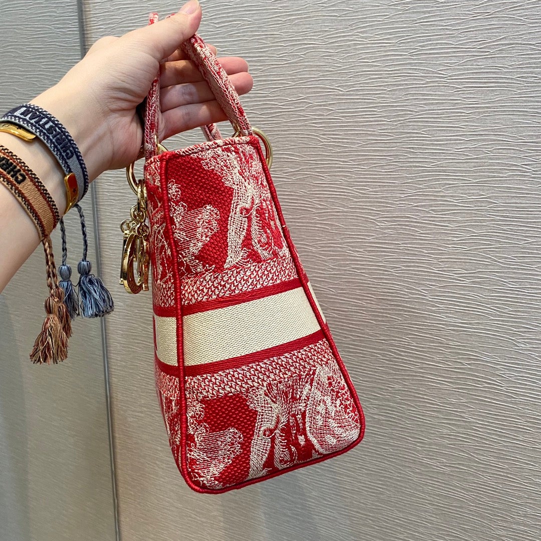 DIOR MEDIUM LADY D-LITE 24 RED MULTI COLOR EMBROIDERY