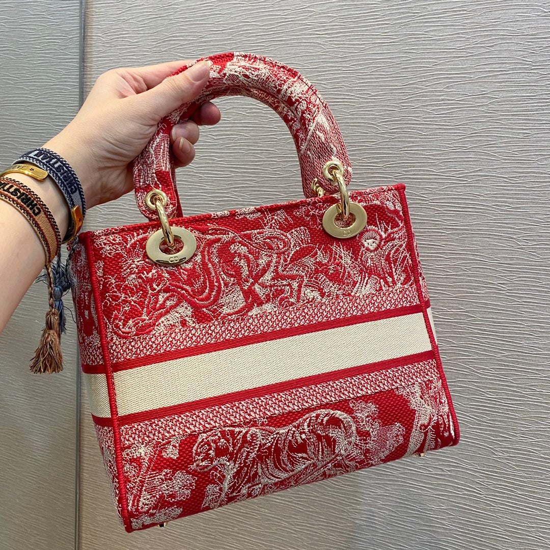 DIOR MEDIUM LADY D-LITE 24 RED MULTI COLOR EMBROIDERY