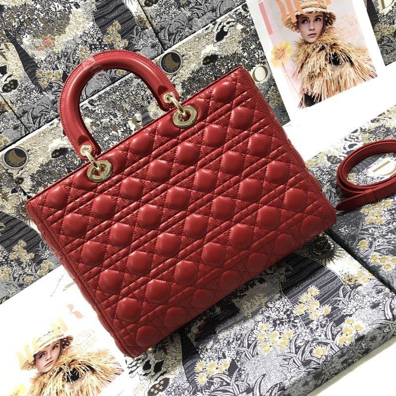 DIOR LARGE LADY BAG 32CM RED CANNAGE LAMBSKIN