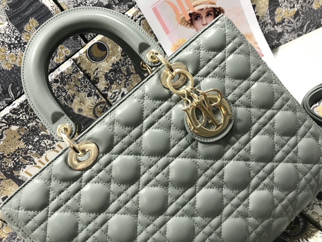 DIOR LARGE LADY BAG 32CM GRAY CANNAGE LAMBSKIN