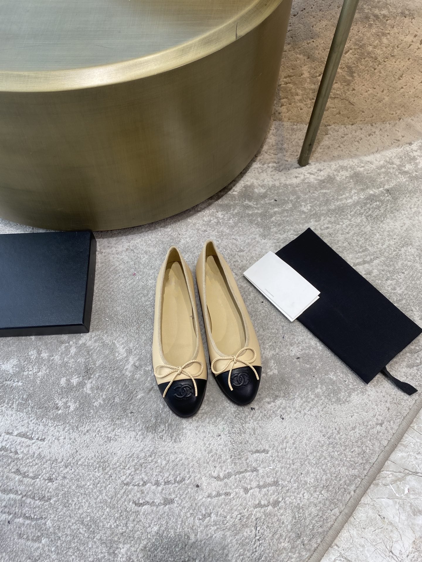 CHANEL ballet flats beige black lambskin
