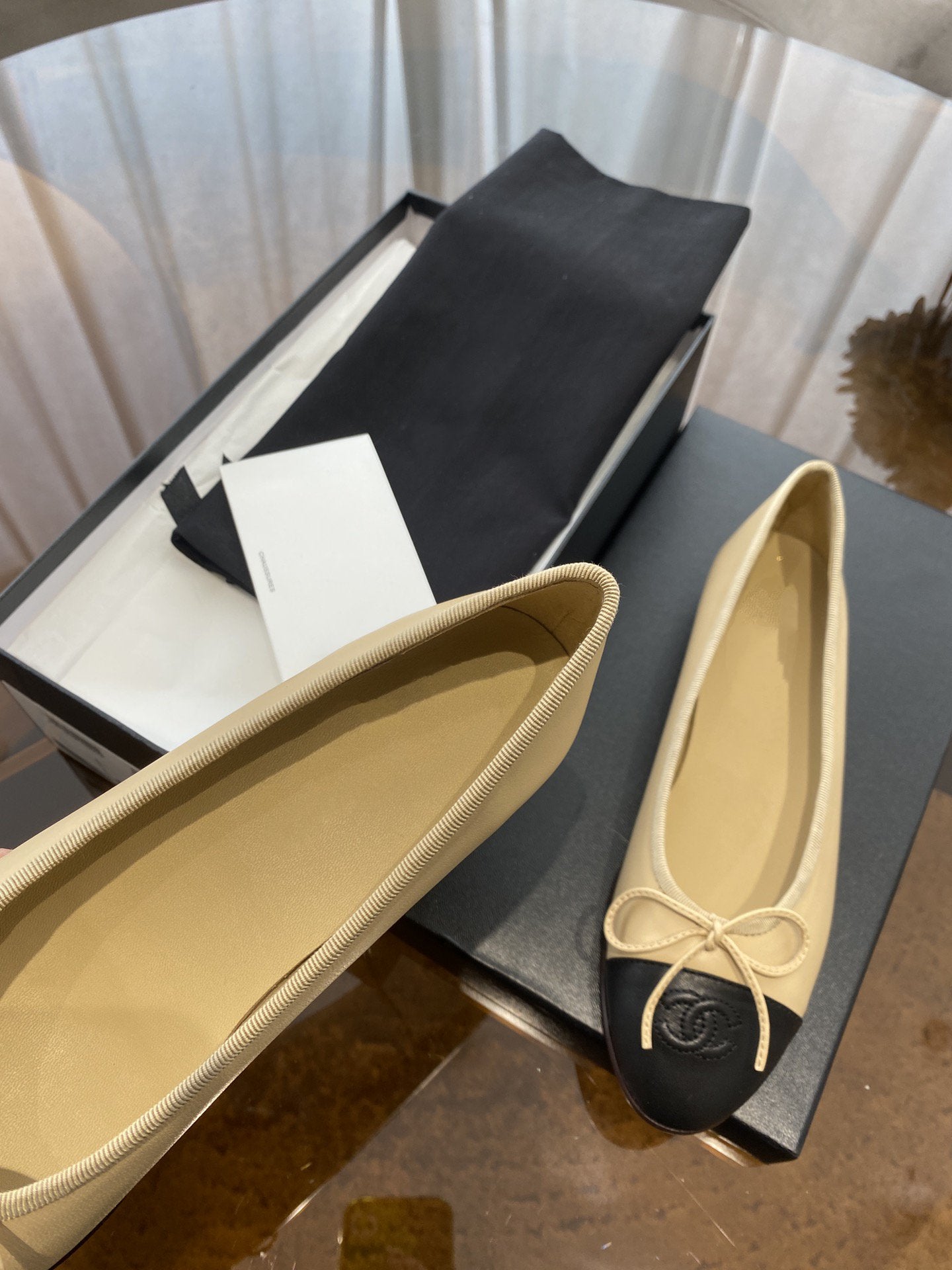 CHANEL ballet flats beige black lambskin