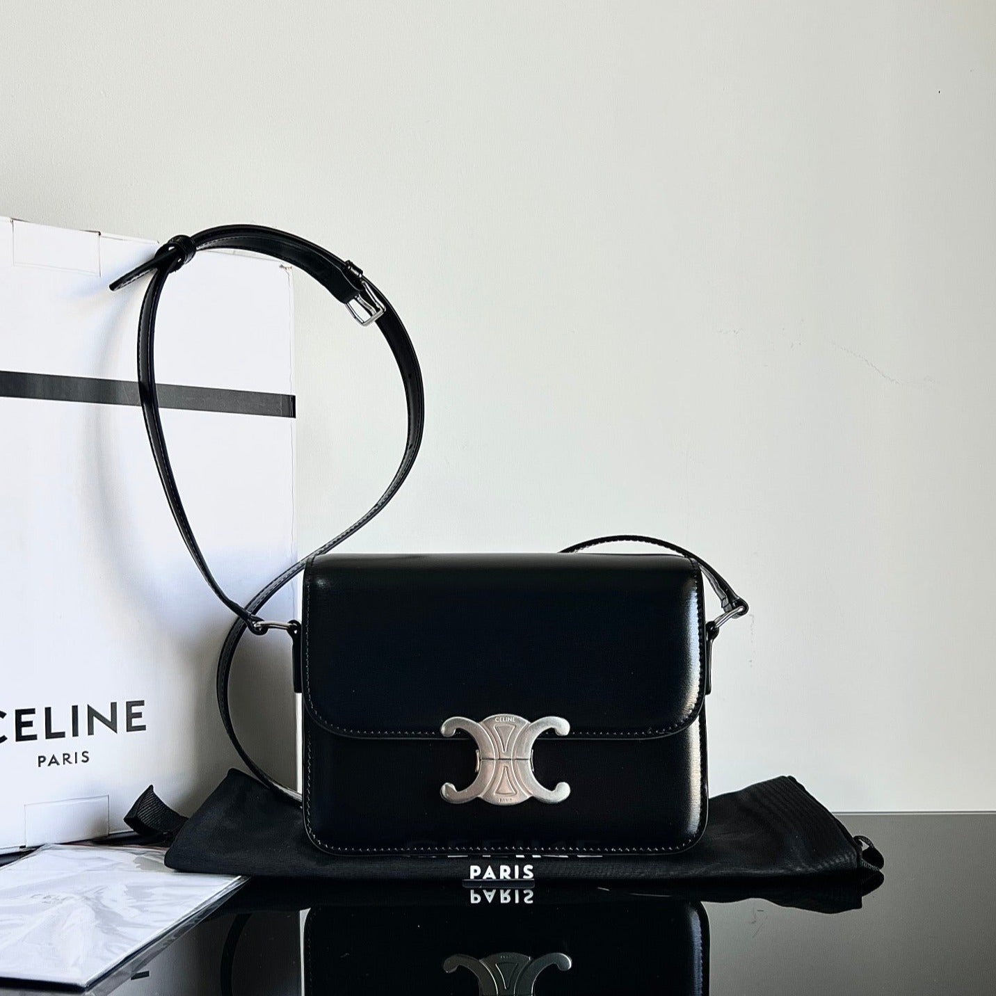 Celine TEEN TRIOMPHE 18 BLACK CALFSKIN SILVER HARDWARE
