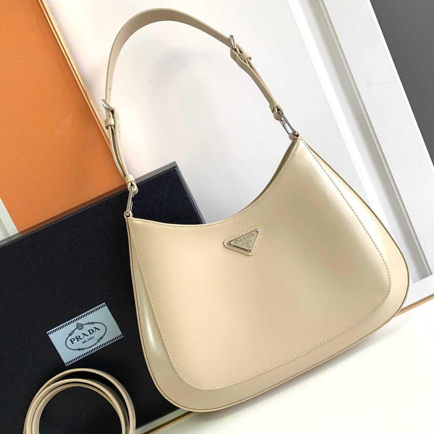PRADA CLEO 30 BEIGE BRUSHED LEATHER SHOULDER BAG