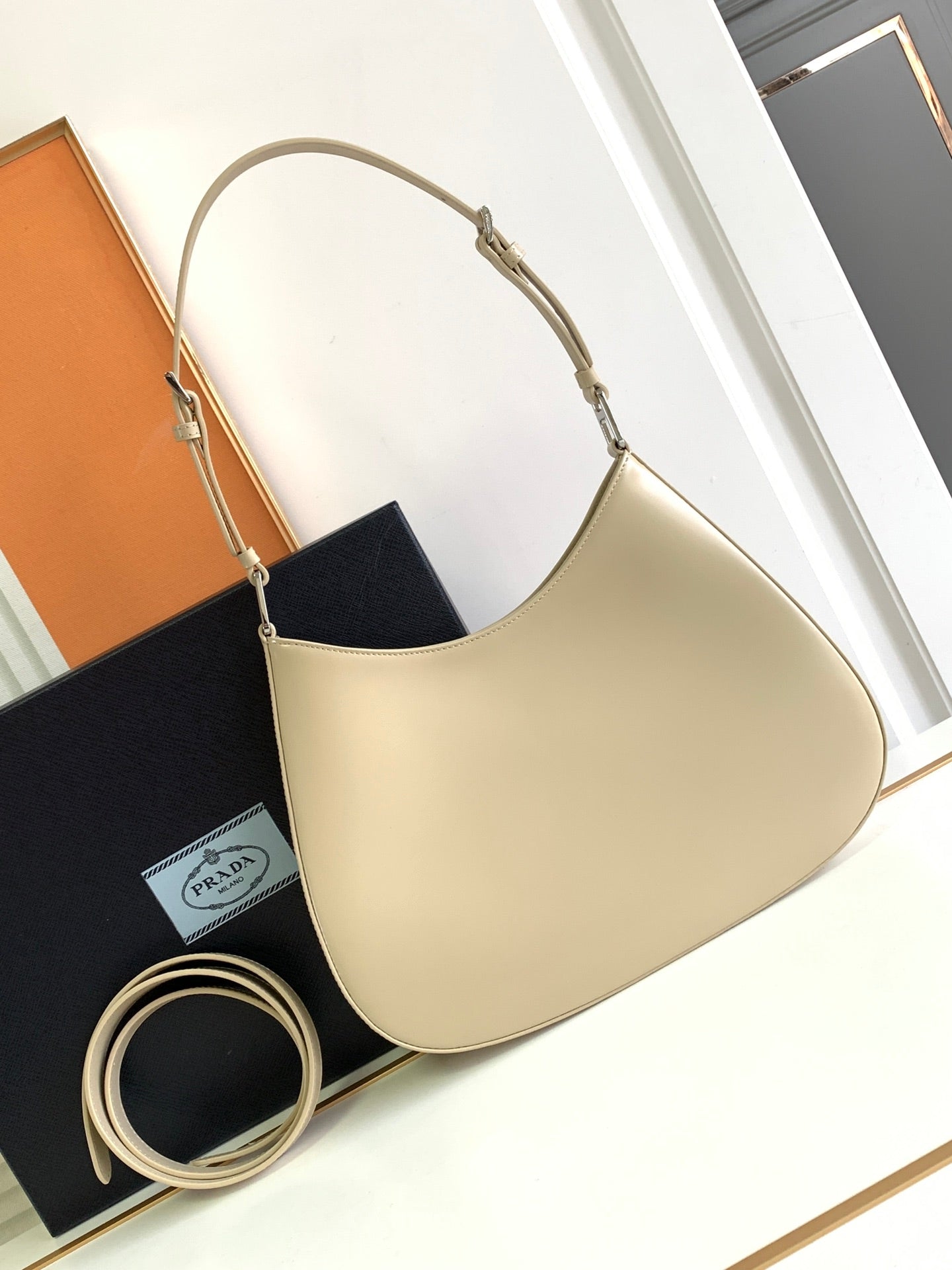 PRADA CLEO 30 BEIGE BRUSHED LEATHER SHOULDER BAG