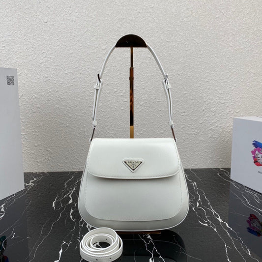 PRADA CLEO 24 WHITE BRUSHED LEATHER SHOULDER BAG