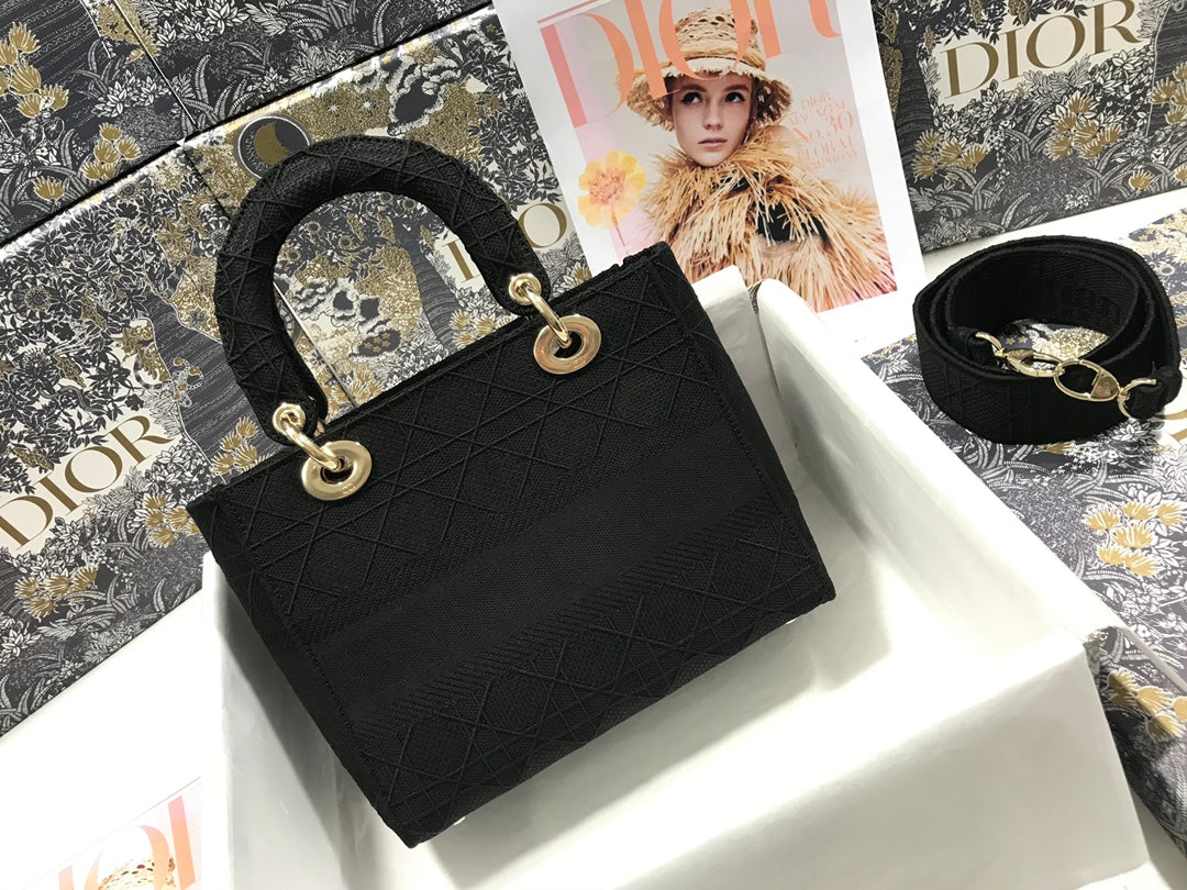 DIOR MEDIUM LADY D-LITE 24 BLACK CANNANGE EMBROIDERY