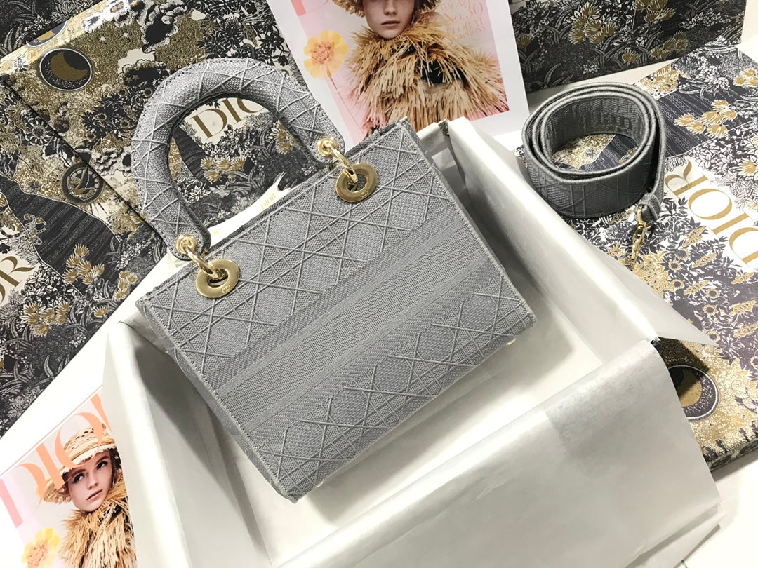 DIOR MEDIUM LADY D-LITE 24 GRAY CANNAGE EMBROIDERY