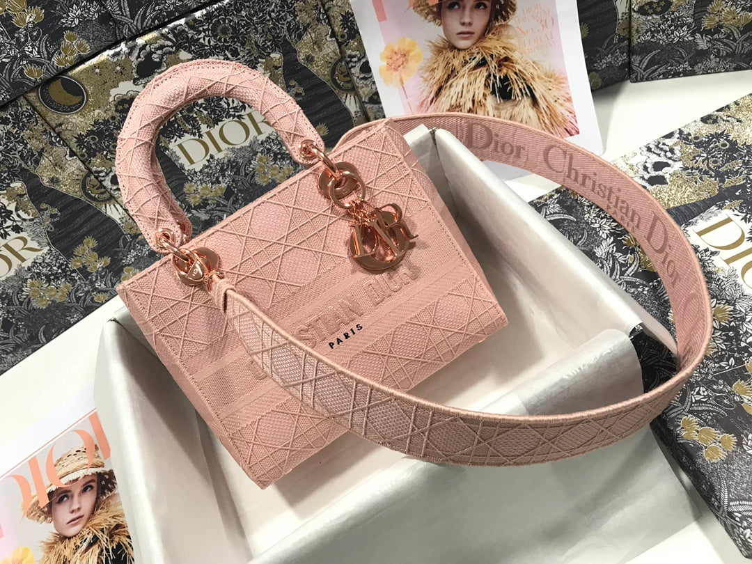DIOR MEDIUM LADY D-LITE 24 PINK CANNAGE EMBROIDERY