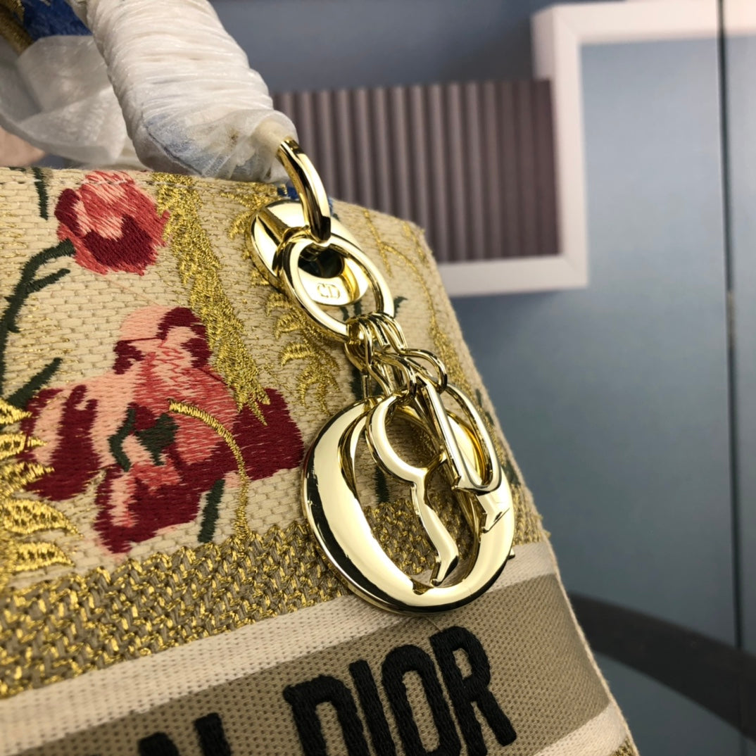 DIOR MEDIUM LADY D-LITE 24 YELLOW MULTI COLOR PAISLEY EMBROIDERY