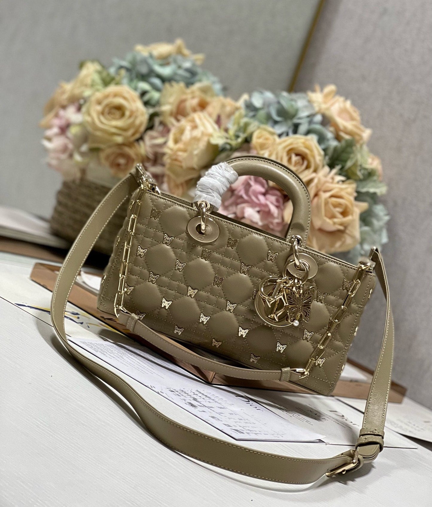 DIOR MEDIUM LADY D-JOY 26 BUTTERFLY STUD OLIVE LAMBSKIN
