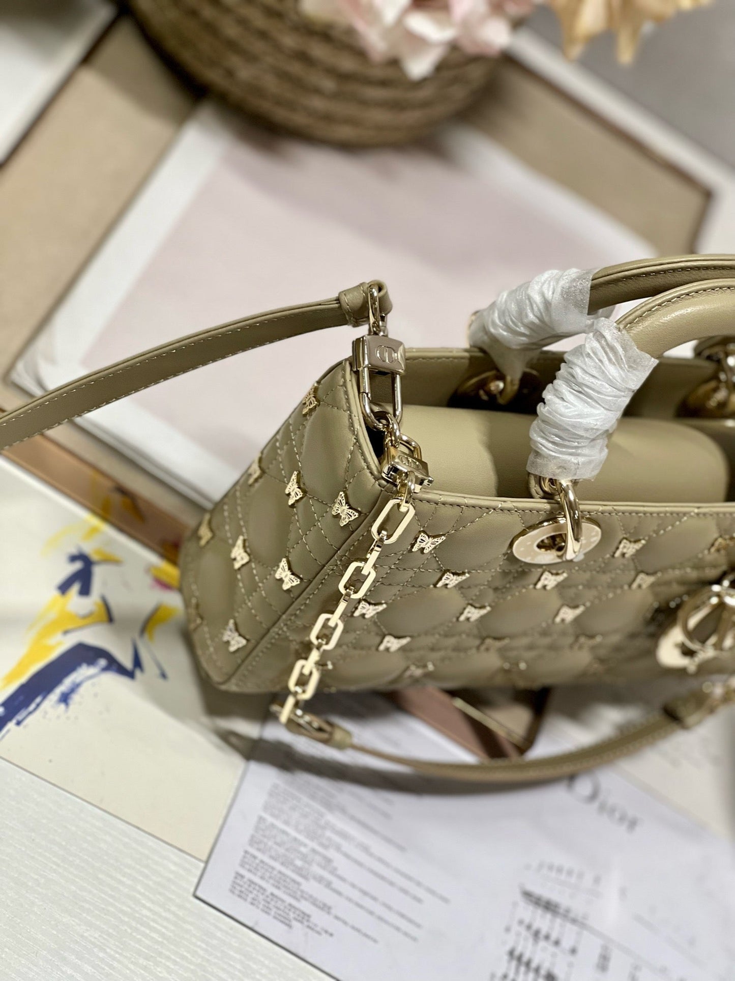 DIOR MEDIUM LADY D-JOY 26 BUTTERFLY STUD OLIVE LAMBSKIN