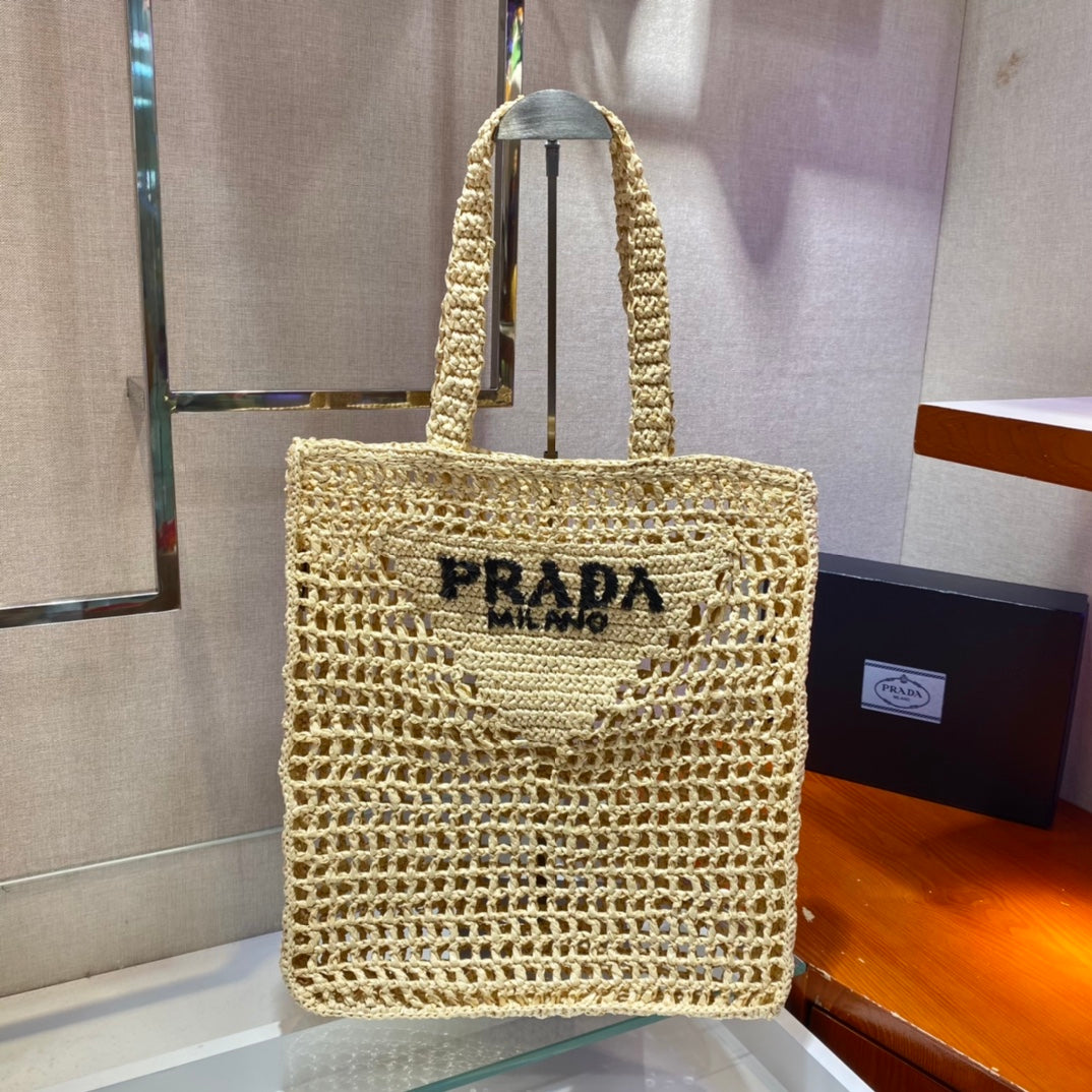 PRADA SMALL LOGO RAFIA TOTE 38CM