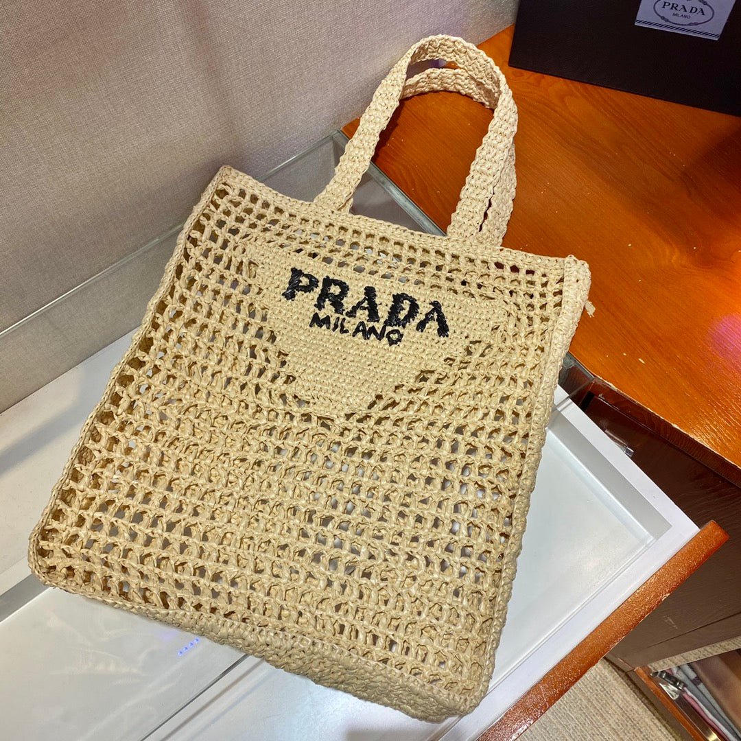 PRADA SMALL LOGO RAFIA TOTE 38CM