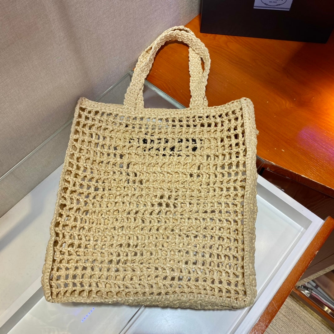 PRADA SMALL LOGO RAFIA TOTE 38CM