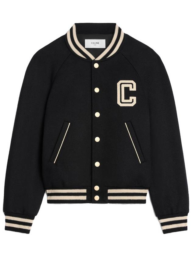 CELINE Teddy Embroidered Logo Textured Wool Bomber Jacket Black