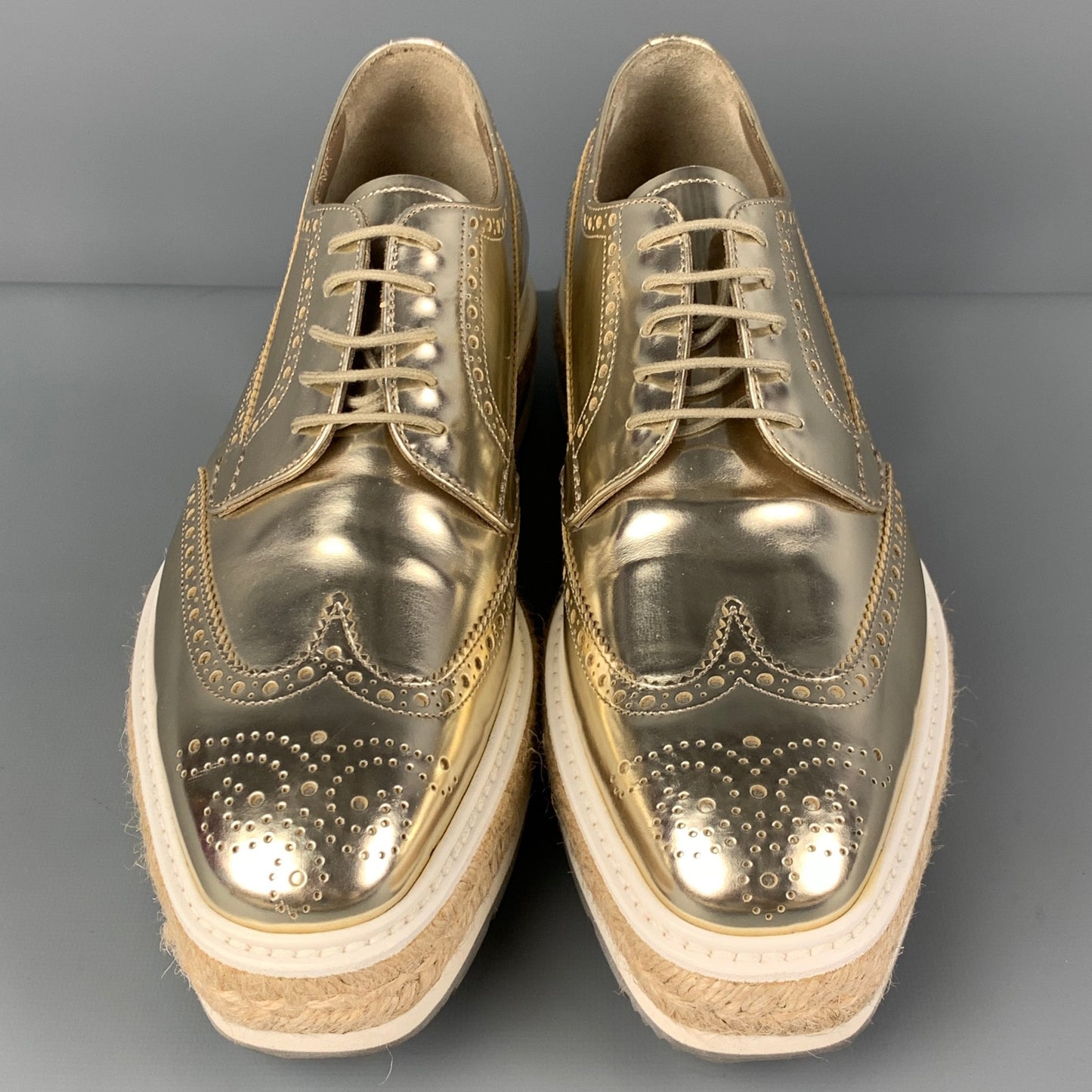 PRADA Size 6.5 Gold Leather Perforated Wingtip Lace Up Shoes
