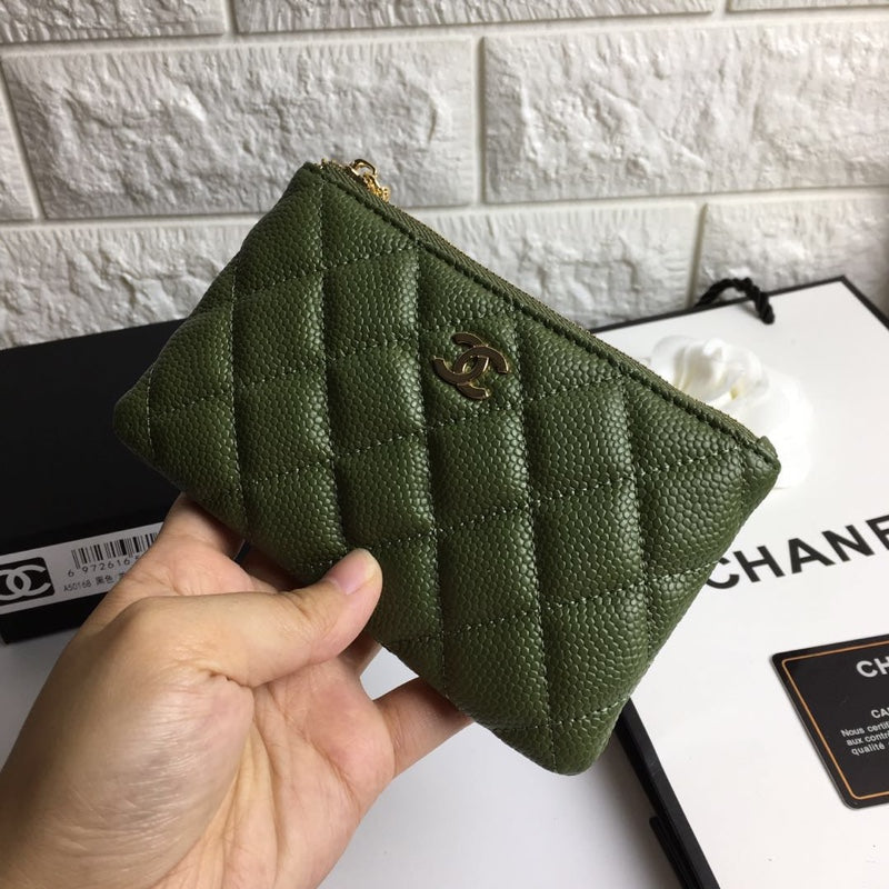 CHANEL CLASSIC SMALL ZIPPED POUCH 15 DARK GREEN CALFSKIN GOLD ICON