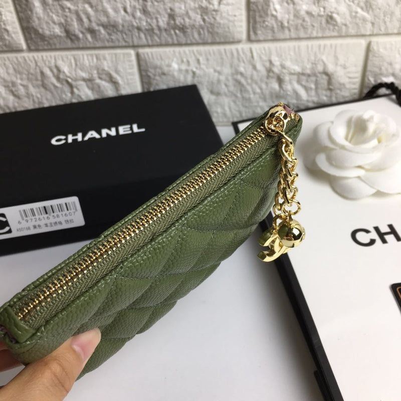 CHANEL CLASSIC SMALL ZIPPED POUCH 15 DARK GREEN CALFSKIN GOLD ICON