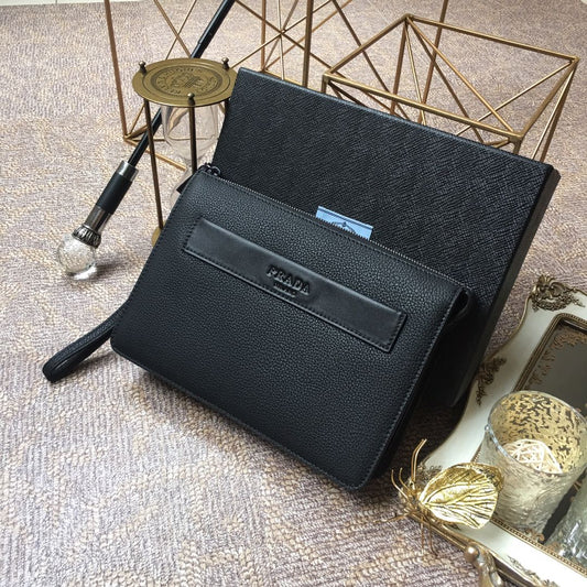 PRADA CLUTCH 26 IN BLACK DEERSKIN EMBOSSED LOGO