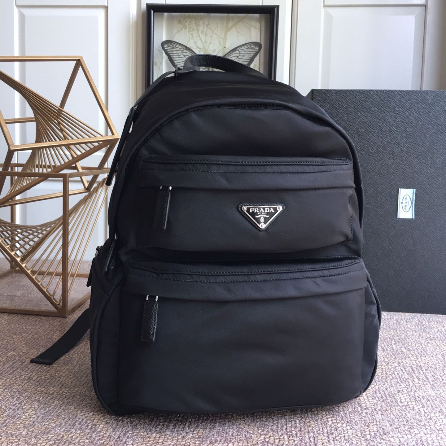 PRADA TRIANGLE LOGO BACKPACK 40 IN BLACK RE-NYLON