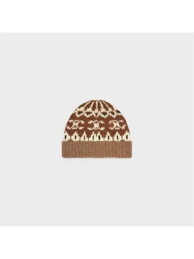 CELINE Triomphe Fair Isle Wool Beanie Camel