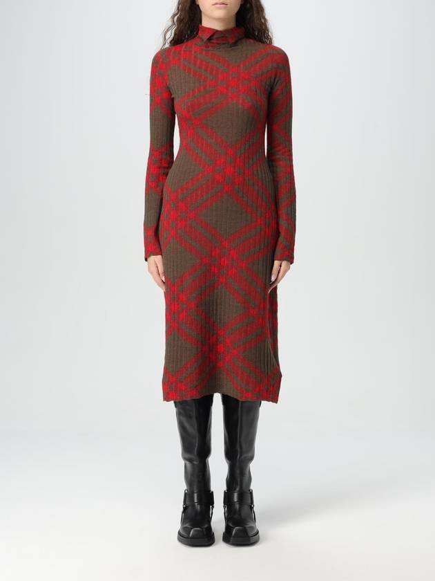 Burberry Check Turtleneck Wool Blend Midi Dress Brown Red