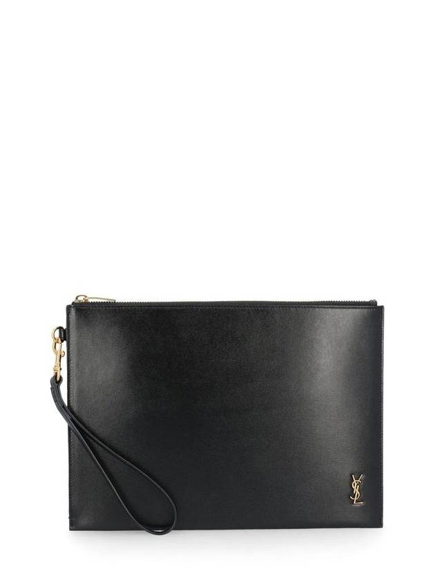 Saint Laurent Tiny Cassandre Shiny Leather Zip Tablet Clutch Bag Black