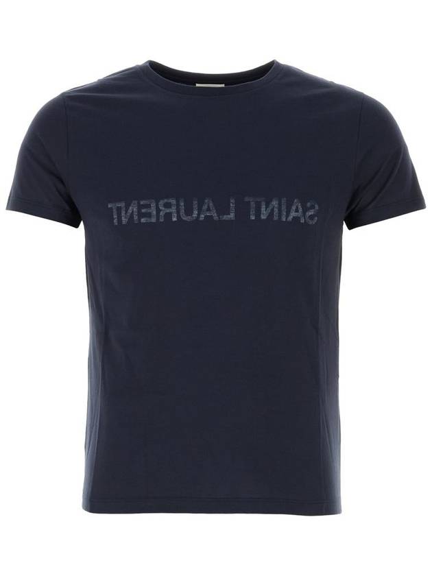 Saint Laurent Reverse Logo Print Cotton Short Sleeve T-Shirt Navy
