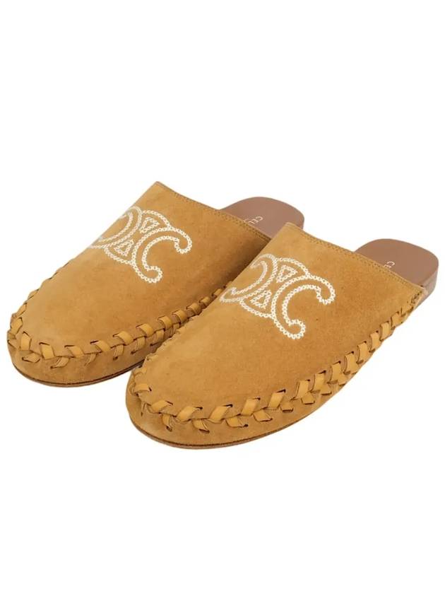 CELINE Malou Triomphe Embroidered Suede Calfskin Mule Dark Havana